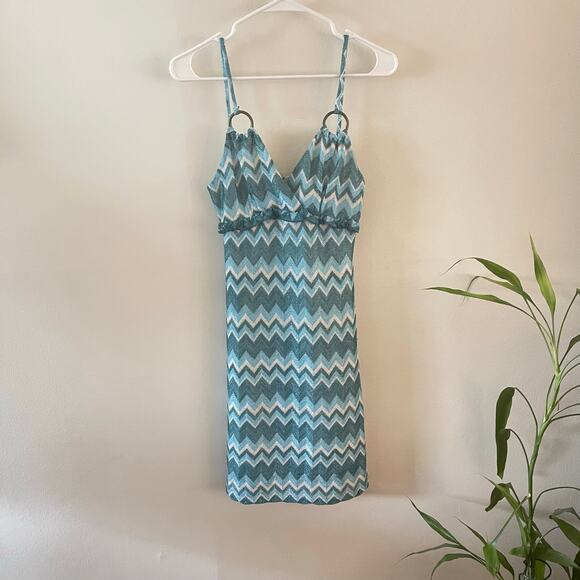 Y2K Arden B Chevron Knit Mini Dress Womens M Blue Green Ring Detail Retro Boho - Picture 1 of 9